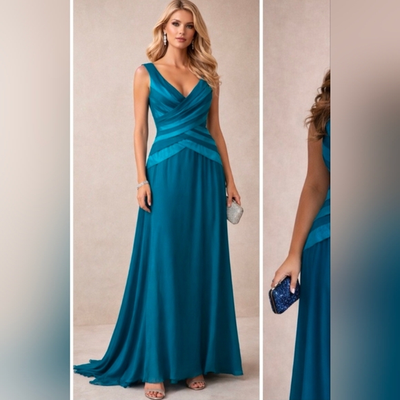 Tadashi Collection Dresses & Skirts - 💘 Tadashi Collection Teal Chiffon Gown  V-Neck Tiered Formal Dress